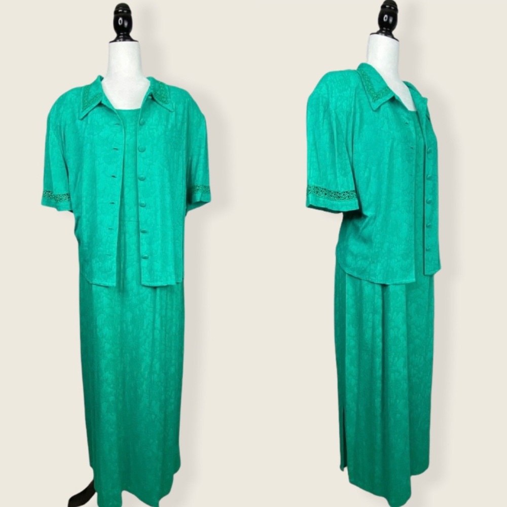 Vintage 2-Piece Karin Stevens Green Embroidered Suit Dress
